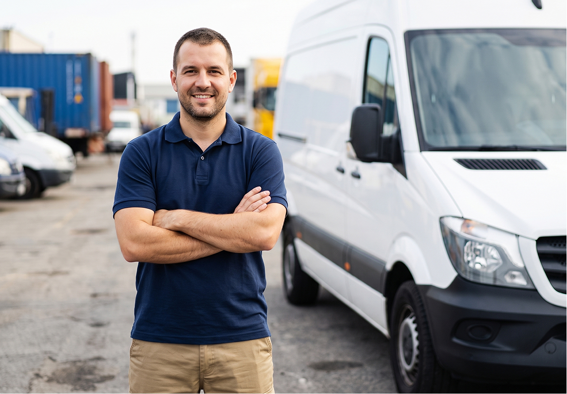 Transporteur souriant devant son utilitaire